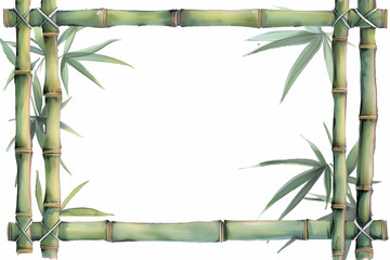 bamboo frame watercolor: A rectangular bamboo frame border, with a green watercolor,clipart, isolated on white background,  frame watercolor, bamboo watercolor 