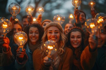 Group of diverse people holding glowing light bulbs
