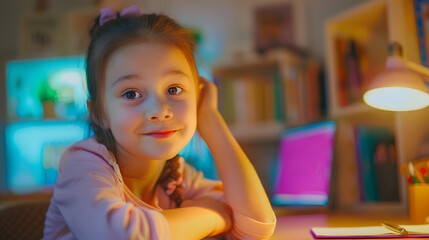 Portrait of happy small pupil learning at home Smart kid schoolgirl looking at camera studying remotely online : Generative AI