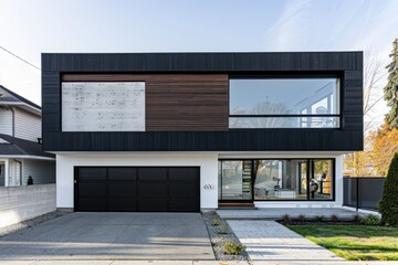 A modern minimalist style house with a car garage