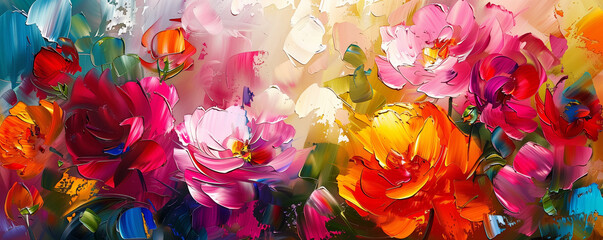 Abstract bright floral design, colorful oil paint texture, brush stroke, generated ai
