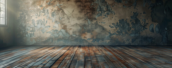 Empty old room with wooden floor and blank rough wall, generated ai 