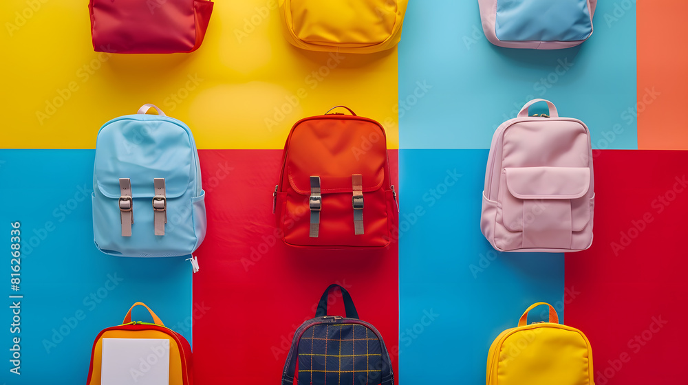 Poster Different school backpacks with stationery on colorful background top view : Generative AI