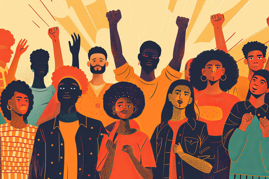 A group of diverse individuals stands together with raised fists, symbolizing unity and resistance.