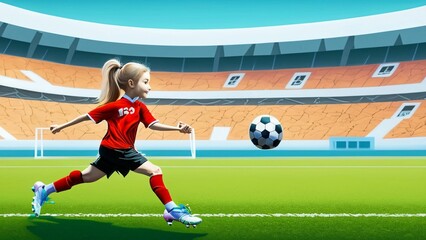 Naklejka premium A young girl football player in colors of national spain football team plays with her feet a soccer ball. illustrations in cartoon style on sport stadium background for children