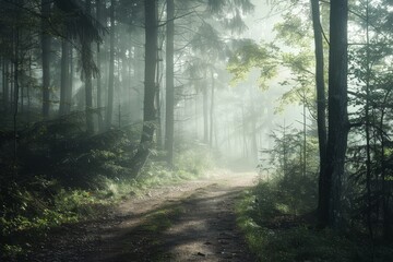 Obraz premium Misty Forest Trail Illuminated by Gentle Sunlight
