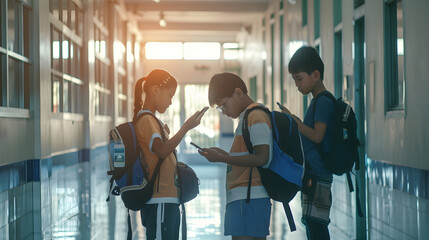 Group of kids busy using mobile phone at school corridor  concept of socil media smartphone technology and gaming addiction : Generative AI