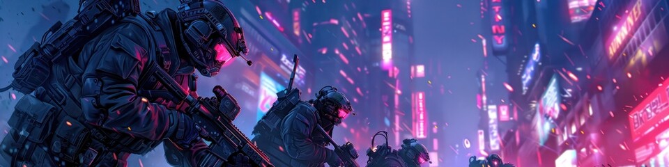 Cybernetically Enhanced Soldiers Battling Robotic Guardians in Futuristic City During a Critical Technology Securing Mission
