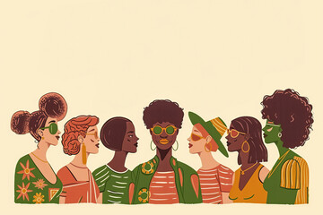 A diverse group of people weraing sunglasses stand in a line, profile view