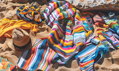 A collection of colorful beach items including a towel, sandals, and hat on sandy ground