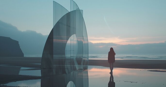 mystic woman standing by contemporary architecture building, dreamy female standing at moody melancholy beach