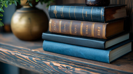 Stack of old books on black wooden modern style shelf