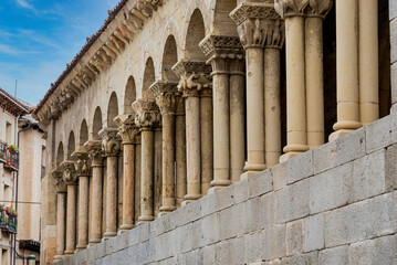 Segovia, Spain. April 28, 2022: Roman columns church of san martin segovia and architecture of the city.