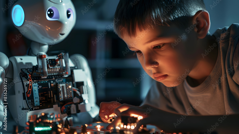 Poster School boy remotely learn online at home in coding robot and electronic board in STEM computer code in robotics for kids concept : Generative AI