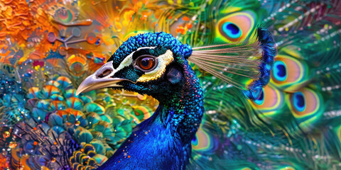Macro photograph of a vibrant peacock displaying its iridescent plumage, showcasing its striking colors