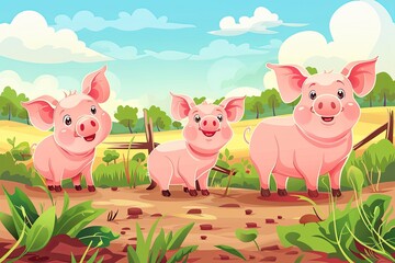 Obraz premium Three pigs are standing in a field with a fence in the background. They are all smiling and seem to be enjoying their time together
