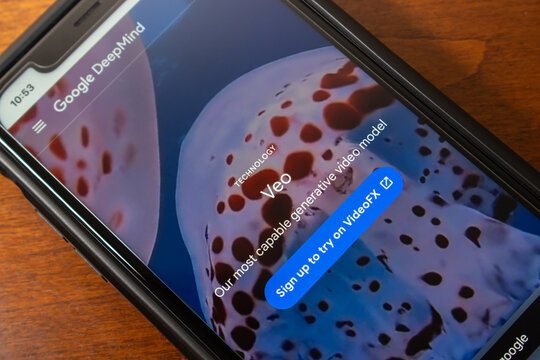 Vancouver, CANADA - May 15 2024 : Google Veo website seen in an iPhone. Veo is a video generation model that can generate 1080p videos over a minute long in a wide range of cinematic and visual styles