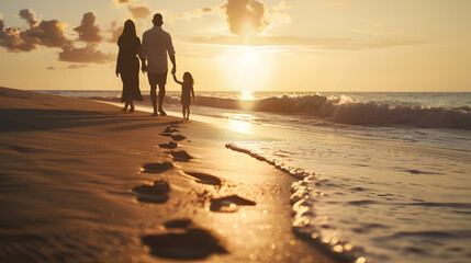 Black family sunset and beach walk during summer on vacation relaxing at a peaceful scenery by the ocean Sea footprints and parents with daughter child or kid with childhood freedom : Generative AI