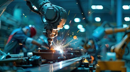 Obraz premium A robot is working on a piece of metal in a factory. The robot is surrounded by other robots and workers. Scene is industrial and mechanical