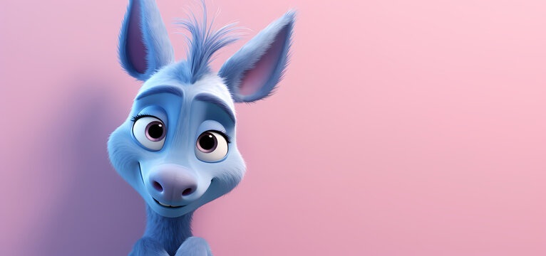 A detailed, high-resolution image of an animated blue donkey with large, expressive eyes against a pink background - Powered by Adobe