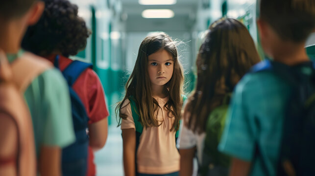 Girl kid being bullied by group of children at school corridor  concept of rejection innocent and victim : Generative AI