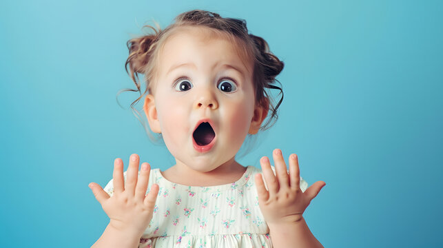 Portrait of surprised cute little toddler girl child standing isolated over blue background Looking at camera hands near open mouth : Generative AI
