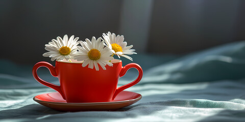 A cozy composition of white daisies arranged inside a red coffee cup, set on a wrinkled blue fabric surface