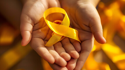 adult and child hands holding yellow gold ribbon Sarcoma Awareness Bone cancer childhood cancer awareness world suicide prevention day September Yellow : Generative AI