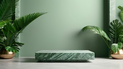 tropical monstera leaves product podium Minimalist splay platform poduim dais round tropical monstera