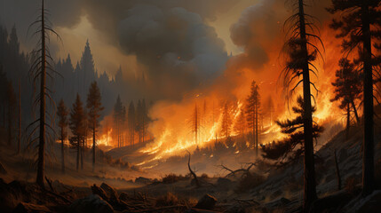 Intense flames from a massive forest fire. Flames light up the night as they rage thru pine forests and sage brushes