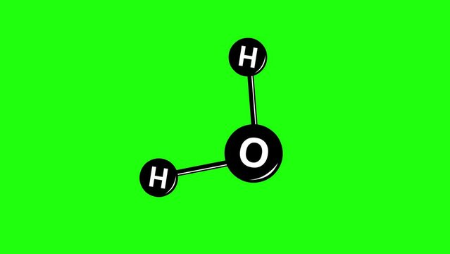 video animation black and white icon water h2o chemical molecule rotating, on a green chroma key background