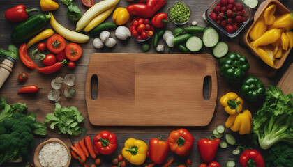 Fresh Vegetables and Fruits on Wooden Kitchen Counter