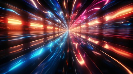 Obraz premium Sci-fi tunnel background with neon lights of various colors. The tunnel is long and stretches into the distance, with the lights creating a sense of speed and movement.