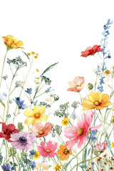 Wild flowers in watercolor, white background with copy space