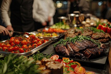 Obraz premium A table full of food with a variety of meats and vegetables. Scene is inviting and appetizing
