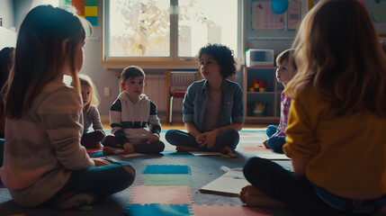 A group of small school kids with teacher sitting on the floor in class learning : Generative AI