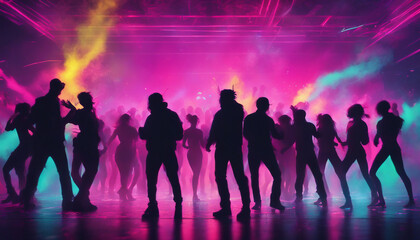 silhouettes of people dancing at a crowded party at midnight, colorful lights and smoke at background, neon punk style
