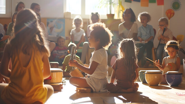 Kindergarten teacher with children sitting on the floor having music class using various instruments and percussion Early music education : Generative AI