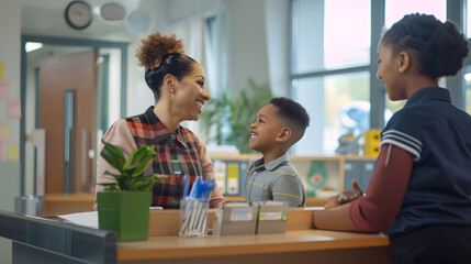 Happy kindergarten teacher communicating with African American mother and her son at reception desk...