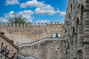 Segovia, España. April 28, 2022: Landscape of walls of segovia with blue sky.