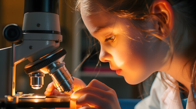 Girl using microscope at home or classroom Curiosity is the key of successful learning experience in early childhood education : Generative AI