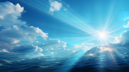 Fototapeta premium This close-up photo of a sunbeam shining through clouds over the ocean captures the breathtaking beauty and serenity of nature. The sunbeam is bright and piercing