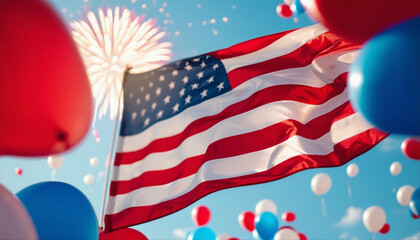 American Flag and Festive Balloons with Fireworks Background
