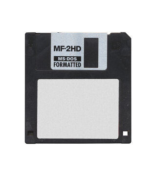 Isolated Retro 3.5&rdquo; Floppy Disk mockup with white empty label sticker for text and image, disk on transparent background, old vintage storage png diskette
