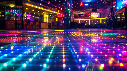 Colorful floors and reflective surfaces create an immersive, glowing environment in a stylish nightclub