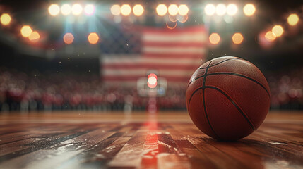 Basketball on court under spotlight american flag background