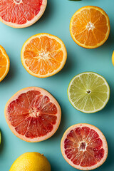 durain slices and whole, shot from above, making a fun pattern on a bright light blue background