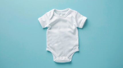 Blank white cotton baby short sleeve bodysuit on pastel blue background 