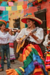 latin woman dancing at spanish street festival or carnival, colourful street with happy crowd at holiday, man playing guitar