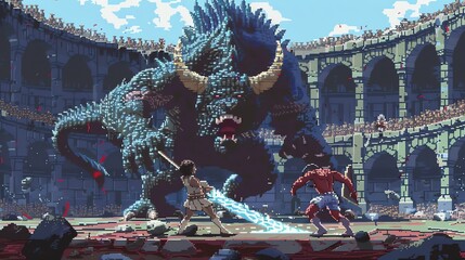 Naklejka premium Two warriors are fighting a giant monster in a pixelated arena.